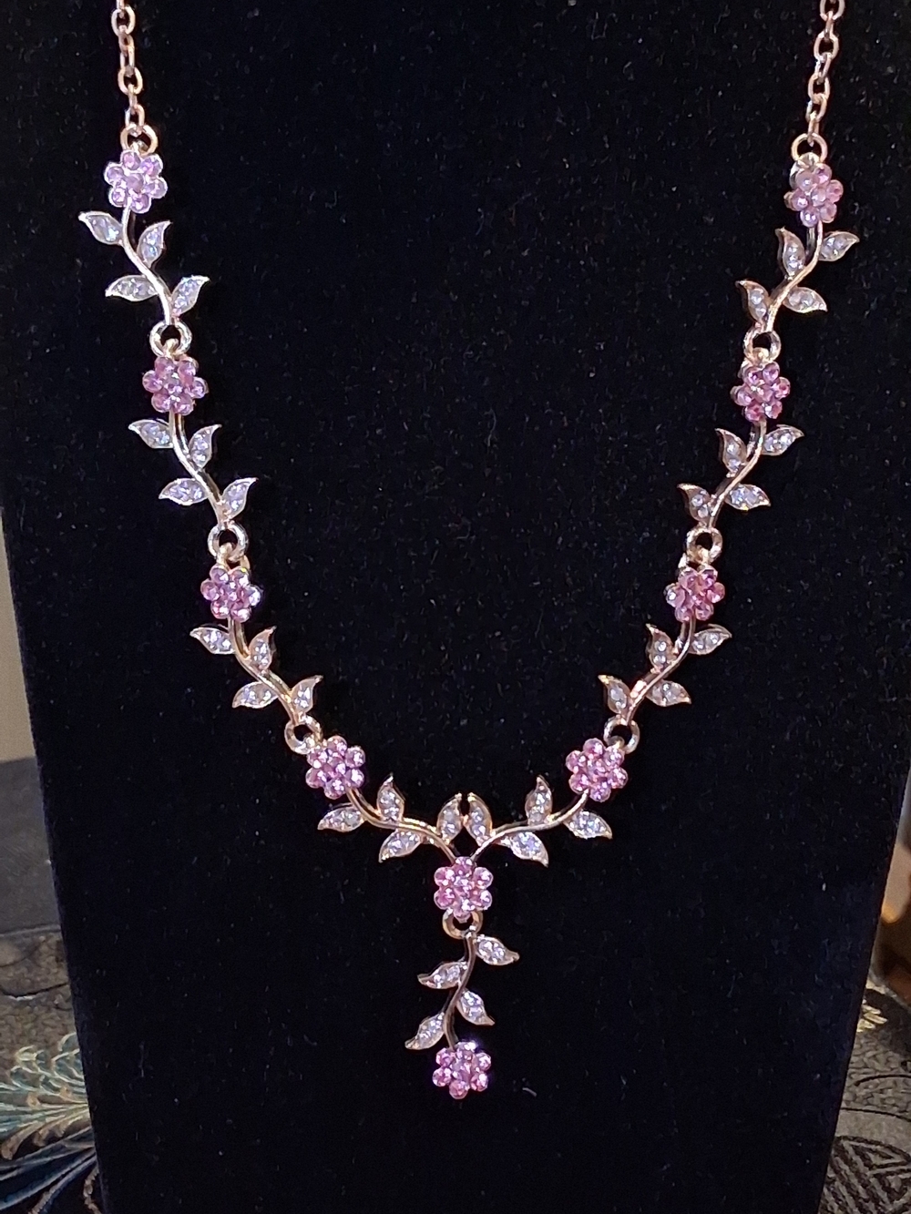 Pink Crystal Floral Vine Necklace 18" 14k Gold Tone Warm Rose Wear Bridal